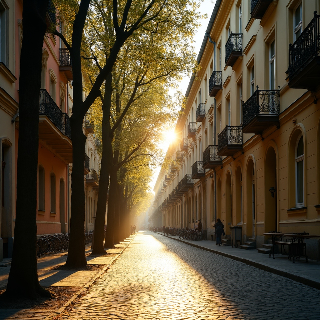 Residential street with pastel-colored apartment buildings in a Bucharest neighborhood on a sunny afternoon