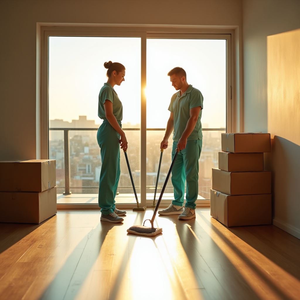 Cleaning service team preparing an empty Bucharest apartment before an expat moves in