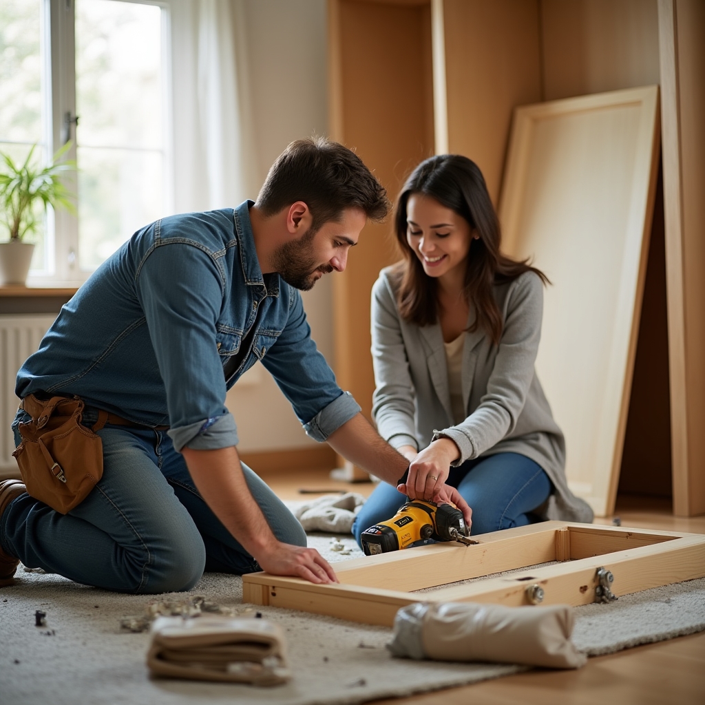 Handyman assembling flat-pack furniture in a newly rented apartment for an expat family