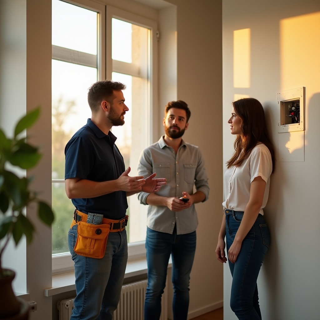 English-speaking electrician explaining wiring work to an expat client in a Bucharest apartment