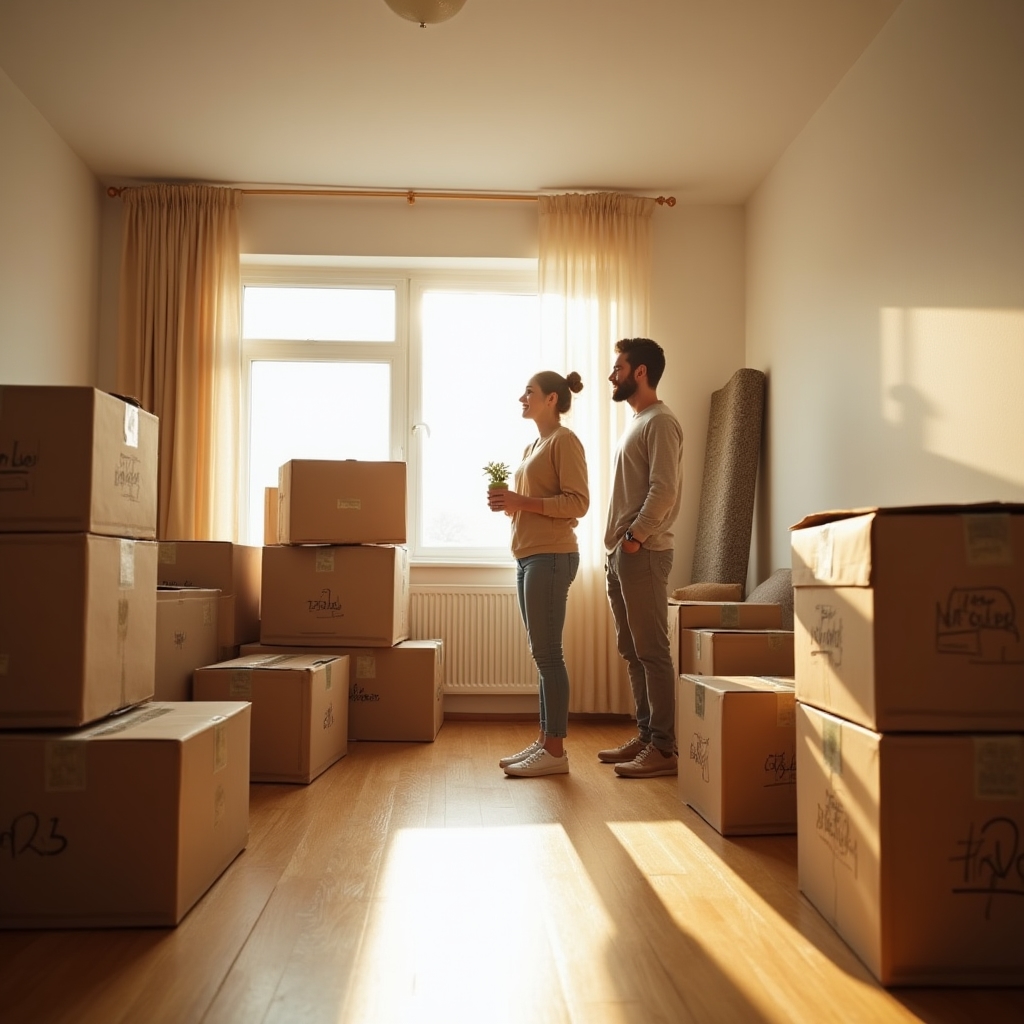 Moving boxes and flat-pack furniture stacked in a bright, mostly empty Bucharest apartment on move-in day